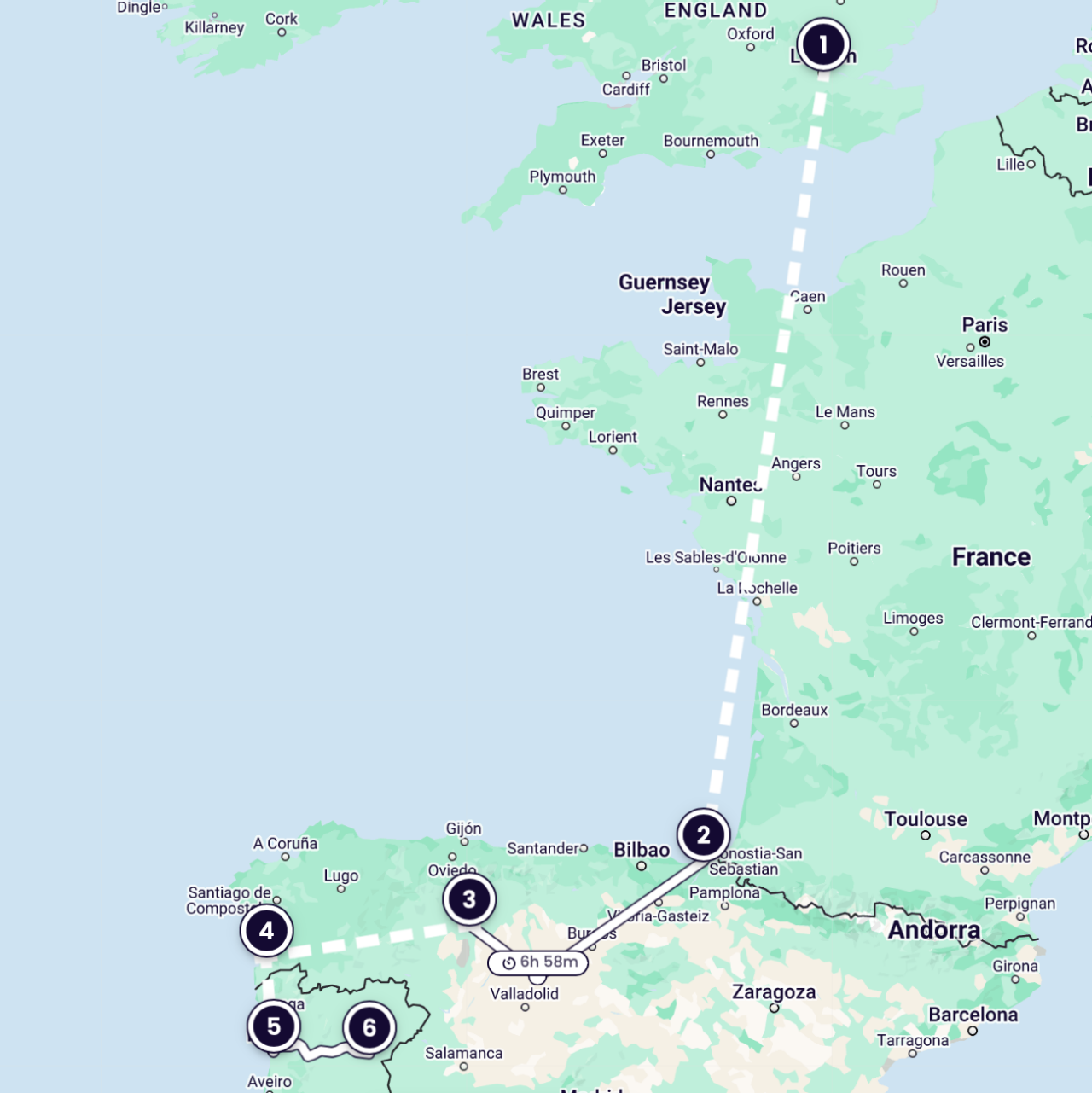 Mapa del itinerario desde Londres hasta el Valle del Coa
