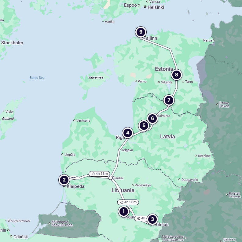 Mapa de la ruta que va desde el centro-sur de Lituania hacia el norte, pasando por Letonia, hasta la costa norte de Estonia.