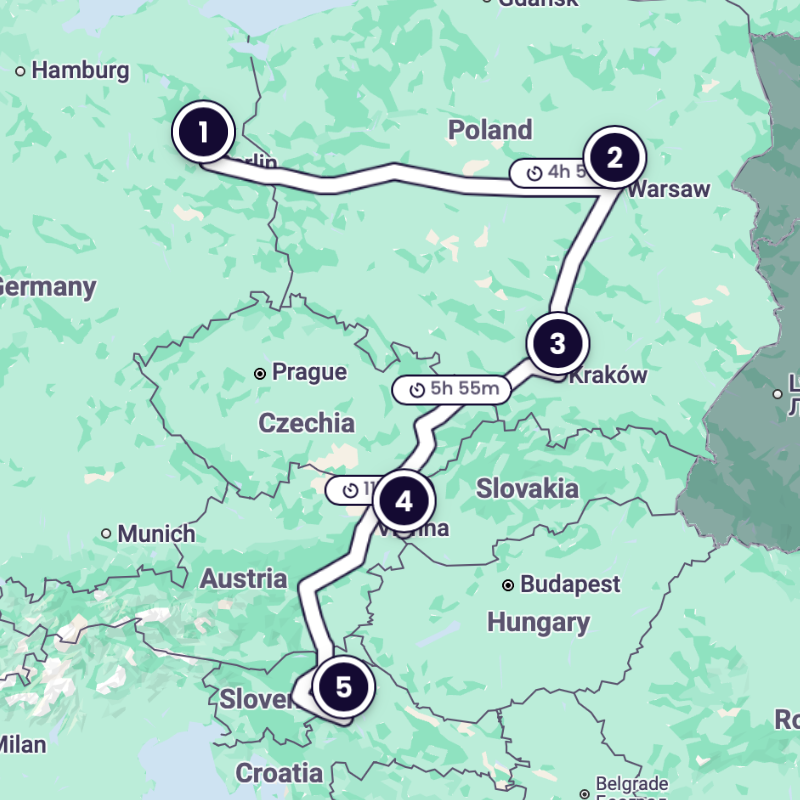 Carte de l'itinéraire (Berlin, Varsovie, Cracovie, Bratislava, Zagreb)