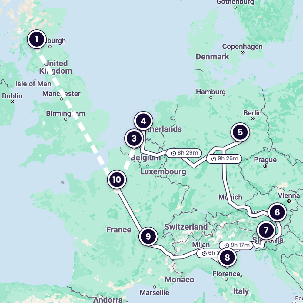 Une carte indiquant l'itinéraire du train reliant Hambourg à Bordeaux, avec des arrêts à Brême, Amsterdam, La Haye, Gand, Bruges et Paris.