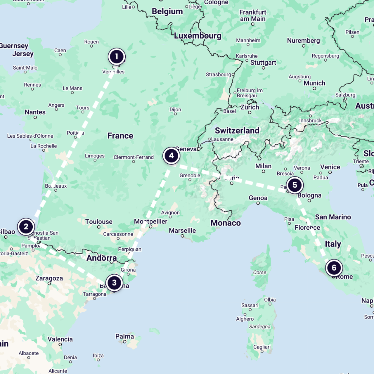 Una mappa che mostra la tratta Parigi, San Sebastian, Barcellona, Lione, Emilia-Romagna e Roma