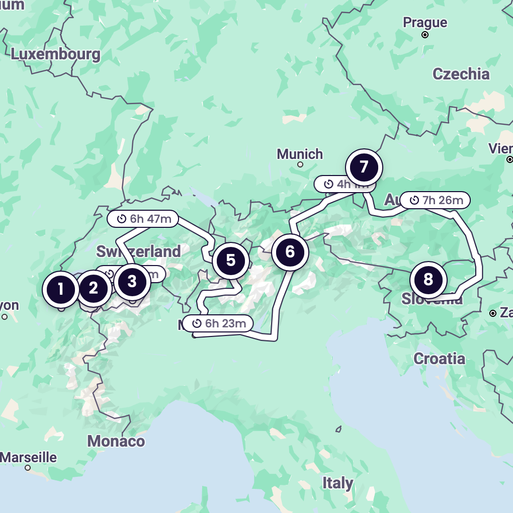Una mappa che mostra le fermate incluse in questo viaggio in treno (Annecy, Chamonix, Zermatt, St. Moritz, Tirano, Bolzano, Salisburgo, Lubiana)