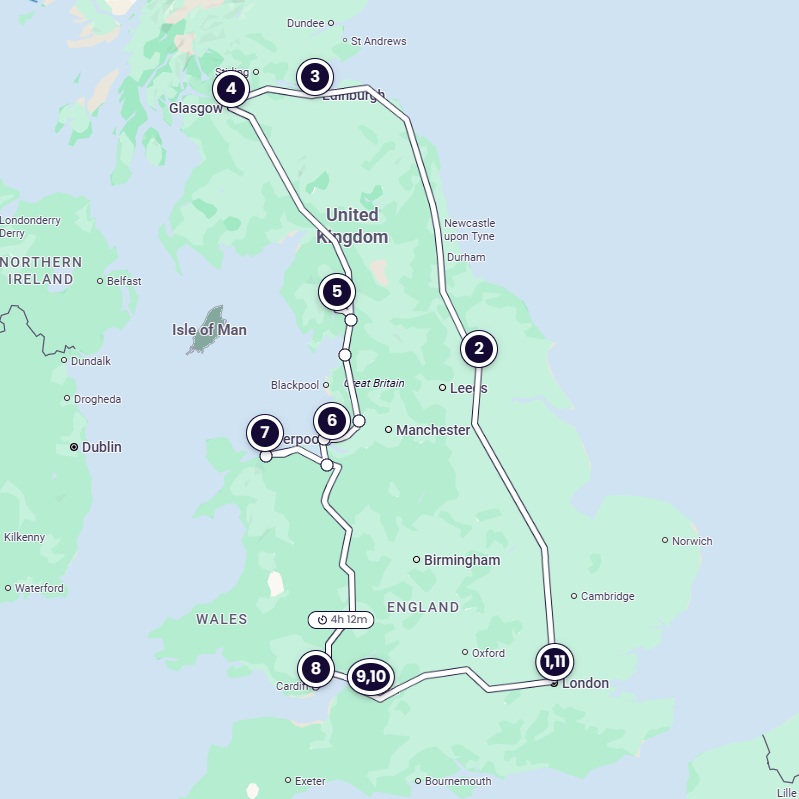 Una mappa dell'itinerario, che va da Londra nel sud-est dell'Inghilterra al nord dell'Inghilterra e alla Scozia, poi a sud fino al nord del Galles, al sud del Galles e al sud-ovest dell'Inghilterra e di nuovo a Londra.